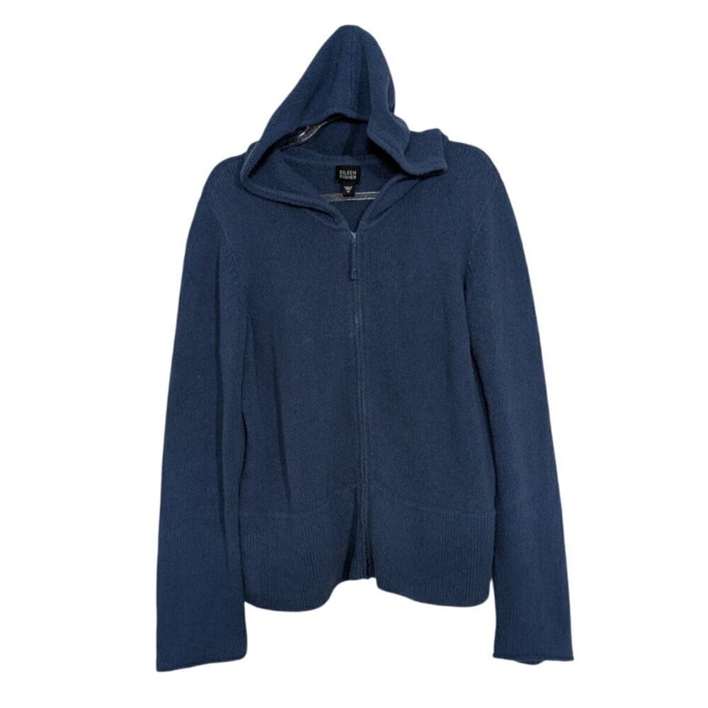 Eileen Fisher Knit Jacket Womens Size Medium Blue Cotton Blend Hooded Full Zip